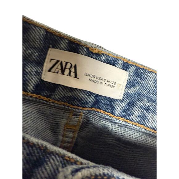 Zara Distressed Ripped High Rise Wide Leg Raw Hem Denim Blue Jeans Size 6 - Picture 7 of 7